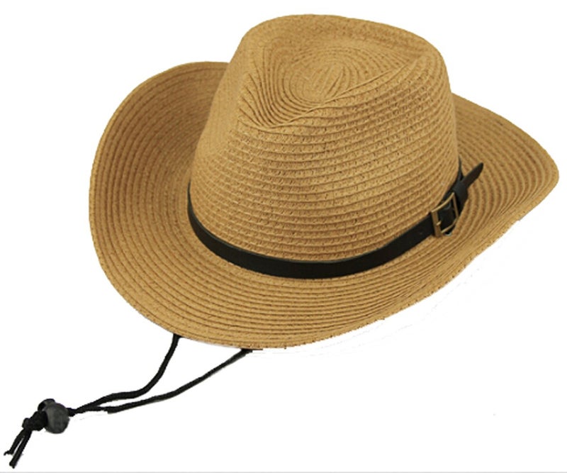 Fakeface Men's Floppy Packable Straw Hat - Western Newsboy Cap Fedora with UPF 50+ Roll Up Foldable Large Brim Outback Sun Hat - Adjustable Chin Cord Strap - Outdoor Fishing Cap - Safari Hat - Khaki - Image 1
